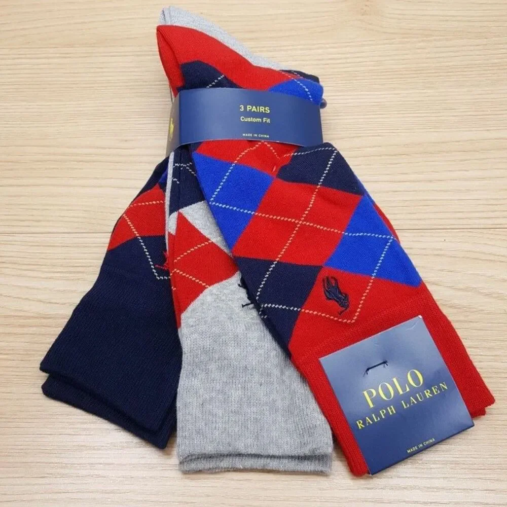 POLO RALPH LAUREN Crew Dress Socks Mens Blue Red Grey Argyle 3-Pack Cotton Blend